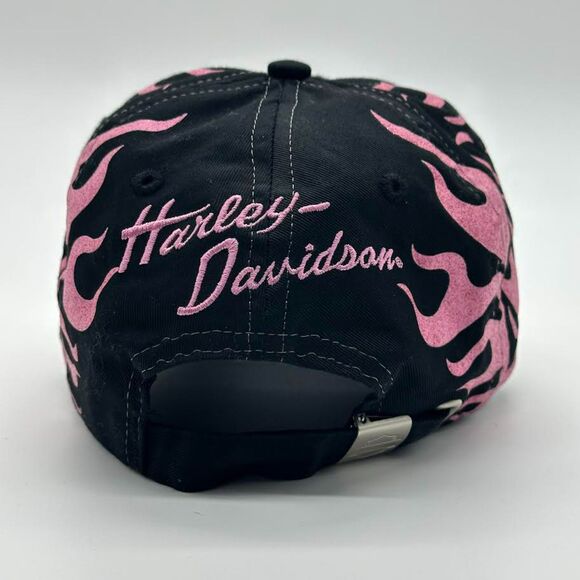 Y2K Pink Flame Harley Davidson Black Baseball Cap Hat Women's Glitter Adjustable - Picture 2 of 12